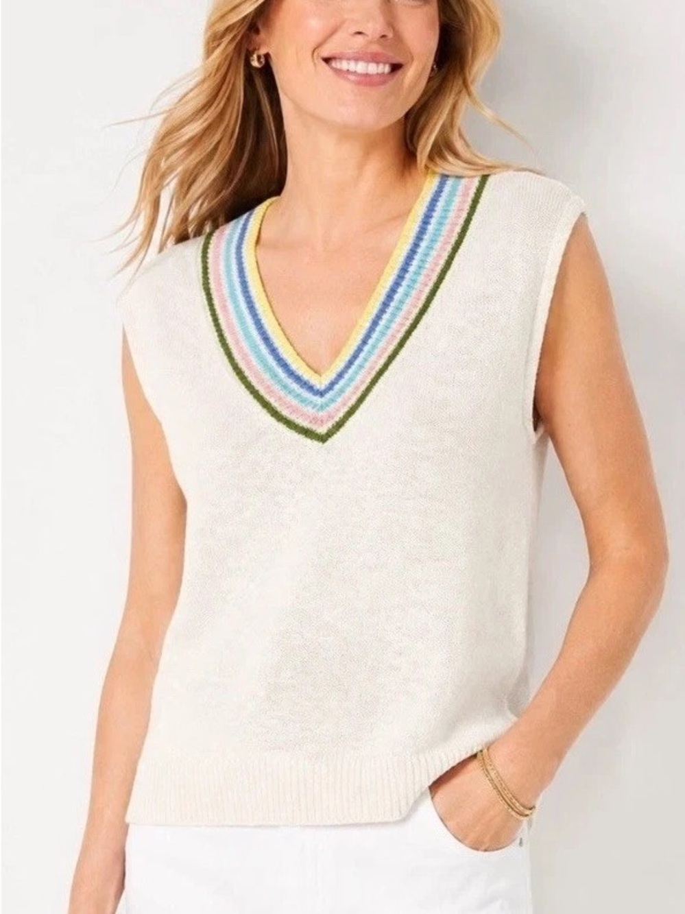NWT Talbots Linen Cotton V-Neck Sweater Vest Size L Cream Pastel Ribber Trim